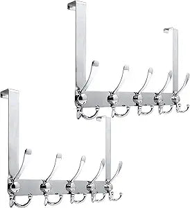 WEBI Over The Door Hook Door Hanger Hook Rack with 5 Tri Hooks for Hanging Coats, Over Door Towel Rack Door Coat Towel Hanger Over Door Coat Rack,Silver,2 Packs