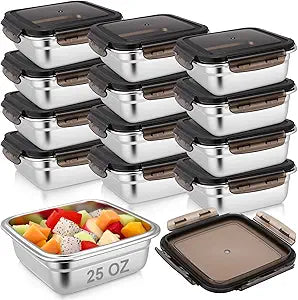 12 Pcs 25oz/ 750 ml 304 Stainless Steel Food Storage Containers with Leak-proof Airtight Lids Sandwich Containers Reusable Stackable Boxes for Bento Meal Prep Lunch Kitchen Meal Freezer
