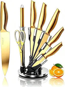 Luxury Gold Knife Set With Rotation Block, 8 Pieces Titanium-Coated Non-Rust Stainless Steel Chef Knife Set,Dishwasher Safe with Sharpener,Gift for Housewarming Modern Kitchen