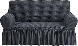 NICEEC Loveseat Slipcover Dark Grey Loveseat Cover 1 Piece Easy Fitted Sofa Couch Cover Universal High Stretch Durable Furniture Protector Love Seat with Skirt Country Style (2 Seater Dark Gray)