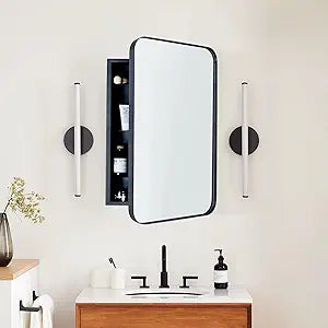 Matt Black Rectangle Recessed Bathroom Medicine Cabinet with Mirror Stainless Steel Metal Framed Rounded Rectangular Bathroom Cabinet with Mirror 16x24''