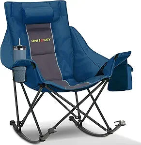 Unisakey Oversized Rocking Camping Chair with Headrest & Cup Holder - 300lbs Capacity, 600D Oxford Fabric, Easy Fold Portable Outdoor Rocker Chair for Camping, Backyard, Beach, Blue
