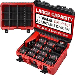 Case for Milwaukee Battery  Waterproof Extra Large Hard Storage Box with 8 Adjustable One-Piece Molded Dividers, Heavy Duty Protective Organizer for Milwaukee Battery & Charger