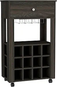 Memphis Bar Cart with Twelve Built-In Wine Rack Cubbies, Smooth-Glide Storage Drawer, Open Display Space and Mobile Caster Wheels for Organized Home Entertaining, Wine Storage and Modern Design