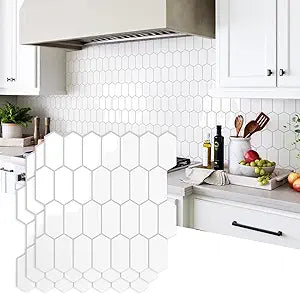 Vamos Tile Upgraded Thicker Design Peel and Stick Backsplash Tile, 10-Sheet Pure White with Gray Grout Long Hexagon Self Adhesive Wall Tiles Stick On Backsplash for Kitchen Bathroom RV Fireplace