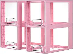 Vtopmart 4 Pack Large Stackable Storage Drawers,Pink,Easily Assemble Acrylic Bathroom Closet Undersink Organizers and Storage,Plastic Bins for Kitchen Cabinets,Pantry,Makeup,Medicine Organization