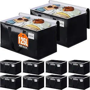 BlissTotes Moving Bags, Heavy Duty Moving Boxes with Zippers Top and Sturdy Handles, Storage Bags for Space Saving and Packing, Collapsible Moving Supplies, Storage Totes (125L, 10-Pack, Black)