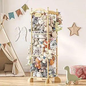 COSYLAND Stuffed Animal Storage Organizer for Kids Room - Large Pine Wood Plush Toy Holder with Elastic Cords & Nameplate - Cute Castle Toy Zoo for Toddler Room & Corner (Colorful Chain)