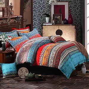 Nanko Queen Duvet Cover Set Boho Red Blue Colorful Retro Striped Print 3pc 90 x 90 Luxury Soft Microfiber Down Comforter Quilt Bedding Cover with Zipper Ties - Bohemian Exotic Style for Men and Women
