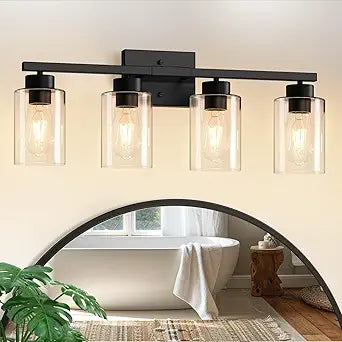 IZORRO Bathroom Light Fixtures, Modern Vanity Lights, Bathroom Lighting Fixtures Over Mirror with Clear Glass Shade, Wall Sconce for Living Room Cabinet Bedroom (Matte Black, 4-Light)