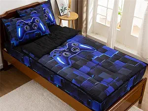 NTBED Gamer Printed Zipper Bedding Sets Twin for Kids Boys Lightweight Microfiber 3D Block Comforter Set with Fitted Sheet Pillow Covers,Blue
