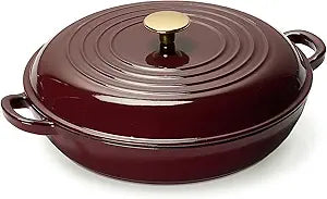 CAROTE 3.4QT Enameled Cast Iron Braiser Pan, Shallow Dutch Oven Casserole Skillets, Non-Toxic Cast Iron Pot with Lid for Grilling, Searing, Baking, Dual Handles, All Stovetop Compatible, Fig