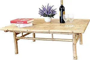 Modern Indoor Outdoor Rectangular Natural Bamboo Top Coffee Table, Handcrafted Rustic Charm Accent Furniture for Living Room Patio Beach Backyard