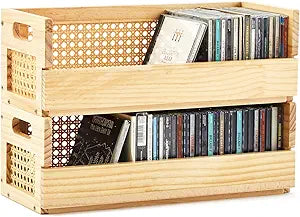 CroBlissful 2 Set Wooden CD Storage Box Holder Shelf with Carrying Handles, Rattan Design Cassette Tape Display Racks Organizer Shelf for Movie Cases, DVDs, Each Set Can Store up to 36 Pcs CDs