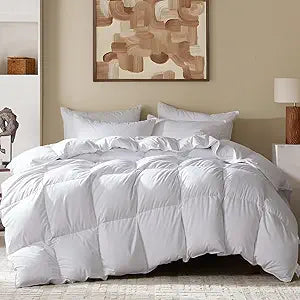 Three Geese King Size Goose Feather Down Fiber Comforter - Ultra Soft All-Season Down Duvet Insert Fluffy Baffle Box Design with 8 Corner Loops for Warmth and Softness.