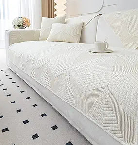 vctops Farmhouse Solid Color Embroidery Sofa Couch Cover Cotton Quilted Sectional Couch Covers Washable Non Slip Sofa Slipcover for Dogs, Children, Pets Furniture Protector (Cream,36"x70")