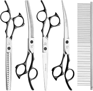 Dog Grooming Scissors,Curved Thinning Scissers and Chunker Shears for Dog Grooming with Safety Round Tips, Sharp and Comfortable 5 in 1 Deg Scissors for Grooming