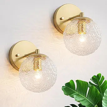 Gold Wall Sconces Set of 2 Vintage Bathroom Wall Lamp 2 Pack Glass Globe Wall Light Vanity Hardwired Wall Mounted Lighting for Bedroom Living Room Hallway Stairs Kitchen (5.12in, E12)
