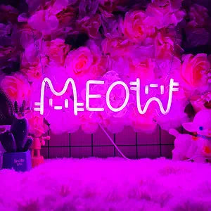 Pink Meow Neon Sign for Wall Decor Pink Meow Neon Light Adorable LED Neon Sign for Bedroom Zoo Cat Cafe Cat House Store Restaurant Home Kitchen Men Cave Home Bar Decoration(15.7 * 4.7in)