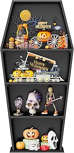 Halloween Goth Coffin Bookshelf 48''H - 4-Tier Solid Wood Tall Coffin Shelf Gothic Decor, Black Spooky Curio Shelf for Home Decor