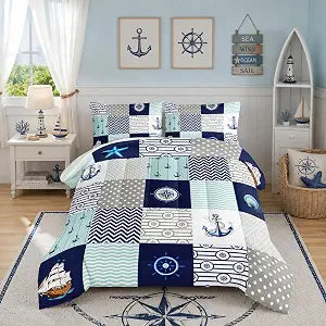 HOSIMA Plaid Patchwork Nautical Comforter Set Twin with 2 Pillowcases.