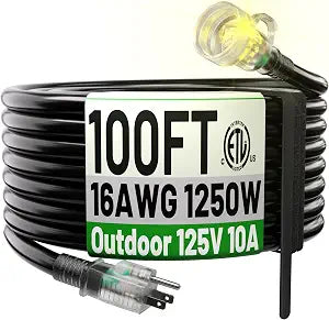 POWGRN 100 FT 16/3 Waterproof Extension Cord Outdoor, Black Electric Cable