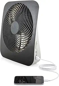Treva 10-Inch Portable Desk Battery Fan, Powered by Battery and/or AC Adapter - Air Circulating with 2 Cooling Speeds, With Built In USB Charging Port