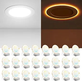 Amico 24 Pack 6 Inch 5CCT LED Recessed Ceiling Light with Night Light, 2700K/3000K/3500K/4000K/5000K Selectable Ultra-Thin Recessed Lighting, 12W=110W, 1100LM, Dimmable Canless Wafer Downlight ETL&FCC