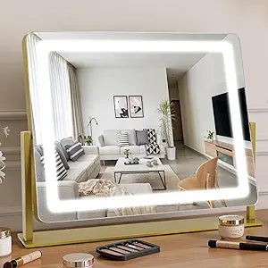 Vanity Mirror with Lights 22"17", Large LED Makeup Mirror with Light, Smart Touch with 3-Color Lighting, Dimmable, 360 Rotation, HD Desk Mirror, Vanity Mirror Tabletop (Gold)