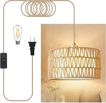 Plug in Pendant Light Rattan Hanging Lights with Plug in Cord