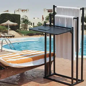 3 Tier Standing Towel Rack 33'' Tall Towel Drying Stand Outdoor Metal Freestanding Floor Rack with Shelf, Pool Blanket Stand for Bathroom Freestanding, Matte Black