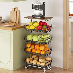 5 Tier Fruit Vegetable Basket Rolling Storage Cart with Wood Top