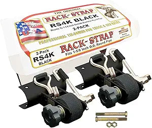 2 Pack, Rack-Strap, The Original American Made Ladder Rack Tie-Downs, Round Mounting Bracket, RS4K Black 1-5/8 Inch Diameter Round Mounting Bracket, Bolt Installation Hardware Included, 8 ft Strap