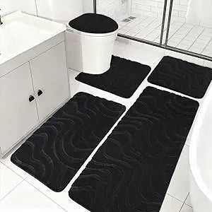 Bathroom Rug Sets 5 Piece, Ultra Soft Absorbent Non-Slip Plush Bath Mats, Includes Toilet Cover, Bath Runner and U-Shaped Contour Toilet Rug, Machine Washable, Black