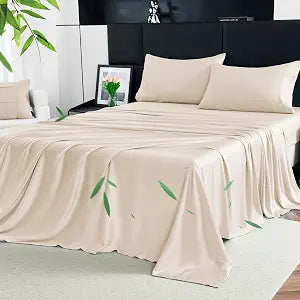 YIYEA 100% Viscose Derived from Bamboo Sheets, 600TC, 16" Deep Pocket, Breathable, Silky Soft, Cooling Sheets for Hot Sleepers, Full Size, Beige