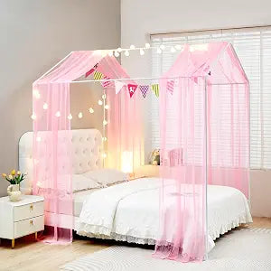 Mengersi House Bed Canopy Bed Curtains with Lights,Montessori Floor Bed Canopy for Girls Boys,Four Poster Bed Curtains House Bed Decoration (Full/Queen, Pink)