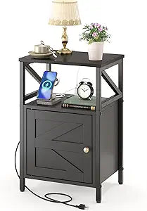 Farmhouse Side Table with Charging Station -3-Tier USB Ports & Outlets End Table, Compact Bedside Storage Table for Small Spaces, Multi-Functional Accent Table for Living Room, Couch Entryway Black