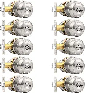Probrico Brushed Nickel Bed/Bath Door Knobs, Satin Ball Door Knob, Interior Door Knobs for Bedroom Bathroom, Privacy Function, 10 Pack