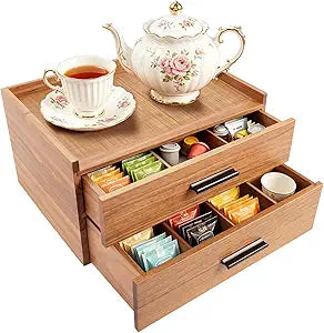 Wood Tea Bag Organizer with Double Drawer, 21-compartment Tea Bag Holder Container Boxes for Countertop, Tea Organizers and Storage Box for Desks, Cupboards and Living Rooms