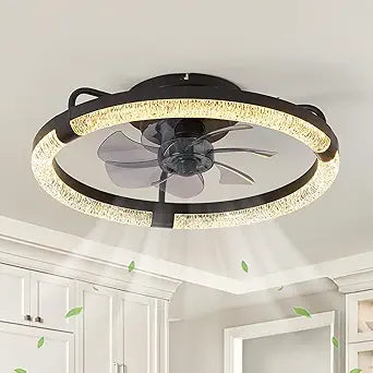 Circular Crystal Ceiling Fans with Lights and Remote, 19.7" Low Profile Ceiling Fan 6 Speeds Dimmable LED Fan Light, Flush Mount Black Fandelier for Bedroom