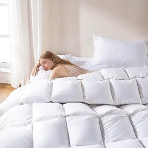 DOWNCOOL Queen Size Feather Down Fiber Comforter, 100% Cotton Ultra Soft Fluffy Duvet Insert Queen, All Season Luxurious Hotel Bedding Comforters with Corner Tabs, White 90"x90"