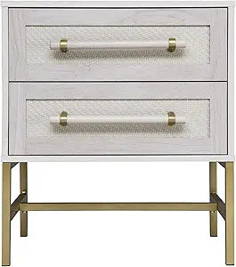 Sophia 2-Drawer Nightstand in Sand Finish with Rattan Fronts, Elegant Gold-Tone Bar Pulls, and Slim Metallic Legs- Ideal Bedroom Furniture for Boho, Transitional, and Modern Interiors