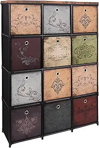 VASICAR Storage Tower Unit with 12 Drawers, Vintage Floral Cube Organizer Shelf, Tall Fabric Dresser for Bedroom, Closet, Nursery, Hallway, Entryway