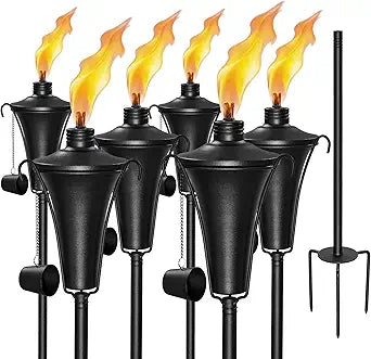 Citronella Torches for Outside Set of 6, 16 Oz Metal Outdoor Torches with 3-Prong Grounded Stake, 58 Inch Torch for Garden Decor, Backyard, and Patio, Black, Powder Coated