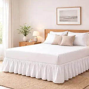 Queen Ruffled Bed Skirt 16" Drop - Dust Ruffle with Platform - Hotel Quality Microfiber Bed Skirt, Easy Fit Gathered Bedskirt - White