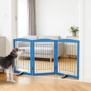 ZJSF Freestanding Dog Fence Indoor, Foldable Dog Gate for Doorways, Stairs or Hallways, Sturdy Wood Extra Wide Pet Gate with Support Feet for The House, Blue, 32 "Height-3 Panels
