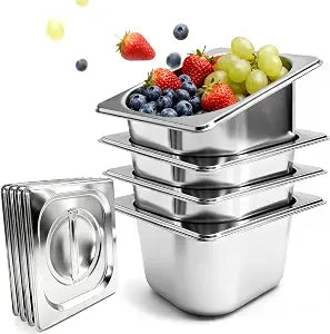 Philbinden 4 Pack Stainless Steel Hotel Pans 1/6 Size 4 Inch Deep With Lids, 0.7 mm Thick 304 Stainless Steel Hotel Pans for Ffor Home, Party, Hotel, Buffet Commercial Kitchen Use