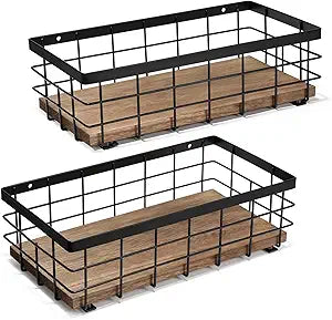 TJ.MOREE Small Metal Wire Basket, Decorative Wood Base Organizer for Bathroom, Kitchen, Basket for Toilet Paper Storage, Sugar Packet, Coffee Syrup, Guest Towel, Napkin(2 Packs)