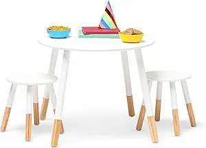 Wildkin Kids Scandi Table & Chair Set  Modern Toddler Table with 2 Stools, Solid Wood Legs, for Home, Daycare & Classroom - White/Natural