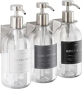 Shower Shampoo Dispenser Wall Mounted  3 Refillable 16.9 oz Clear Bottles with Stainless Steel Pumps & No-Drill Adhesive Holders  Soap Dispenser Set for Bathroom (3 X Clear/Silver)